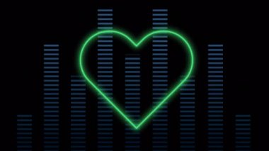 Siyah renkte parlayan yeşil neon kalp ile müzik eq zirvesi ölçeğinin animasyonu. Sevgililer Günü, aşk ve romantizm konsepti, dijital olarak üretilen video metre.