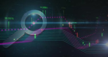 Grafik büyüteçle hareket ediyor. dijital arayüz küresel bağlantılar konsepti dijital olarak oluşturulmuş video.