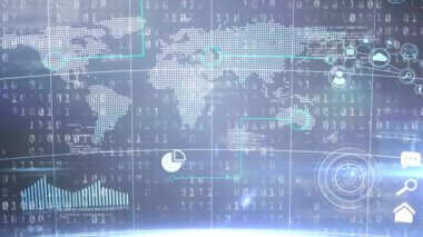 Mavi arkaplandaki dünya haritasına karşı ikili kodlama veri işlemesinin dijital animasyonu. Bilgisayar arayüzü teknolojisi ve çevrimiçi güvenlik kavramı.