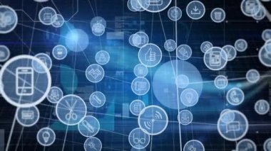 Bir ızgara üzerinde bağlı teknolojik simgelerin animasyonu. dijital arayüz küresel bağlantılar konsepti dijital olarak oluşturulmuş video.