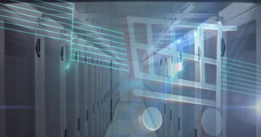 Boş bir sunucu odasının üzerindeki bir alışveriş kartı simgesinin animasyonu. dijital arayüz küresel bağlantılar konsepti dijital olarak oluşturulmuş video.