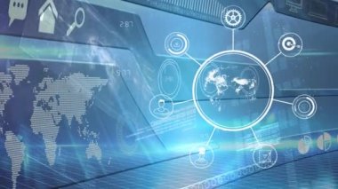 Dünya haritası üzerinde birbirine bağlı teknolojik simgelerle dönen dünyanın animasyonu. dijital arayüz küresel bağlantılar konsepti dijital olarak oluşturulmuş video.