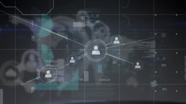 Bir ızgara üzerinde hareket eden grafik verileri ve bilgileri olan bağlı insanların canlandırması. dijital arayüz küresel bağlantılar konsepti dijital olarak oluşturulmuş video.
