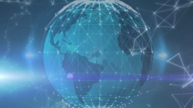 Mavi arka planda dünya ile olan bağlantıların dijital animasyonu. bilgisayar arayüzü ve ağ teknolojisi kavramı.