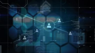 Siyah arkaplana karşı bağlantı ağı ve veri işleme ağının dijital animasyonu. bilgisayar arayüzü ve ağ teknolojisi kavramı.