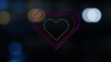 Bokeh şehrinin arka planında yanıp sönen pembe kırmızı ve beyaz neon kalplerin animasyonu. Sevgililer Günü, aşk ve romantizm konsepti, dijital olarak üretilen video..