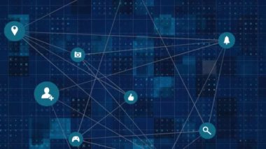 Mavi arkaplanda mozaik karelere karşı hareket eden bağlantı ikonlarının dijital animasyonu. bilgisayar arayüzü ve ağ teknolojisi kavramı.