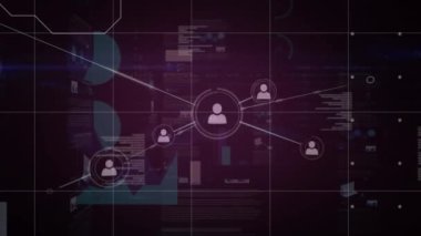Veri bilgisini ve grafikleri ızgara üzerinde hareket ettiren bağlı insanların canlandırması. dijital arayüz küresel bağlantılar konsepti dijital olarak oluşturulmuş video.