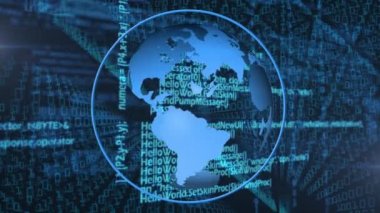 Mavi arkaplandaki ikili kodlama veri işlemesine karşı dönen dünyanın dijital animasyonu. Bilgisayar arayüzü teknolojisi ve çevrimiçi güvenlik kavramı.