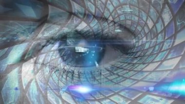 Ekranlar tünelinde bir göz açılışıyla hareket eden bilgi ve verilerin animasyonu. dijital arayüz küresel bağlantılar konsepti dijital olarak oluşturulmuş video.