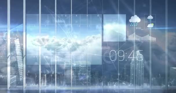 街中を雲が動き回る気象ウェブサイトのアニメーション デジタルインターフェースグローバル接続コンセプトデジタル生成ビデオ — ストック動画