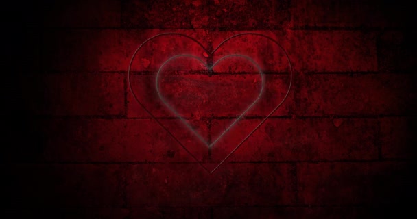 红白同心霓虹灯的动画在深色砖墙的背景上闪烁着光芒 情人节 爱情与浪漫的概念 数码视频 — 图库视频影像