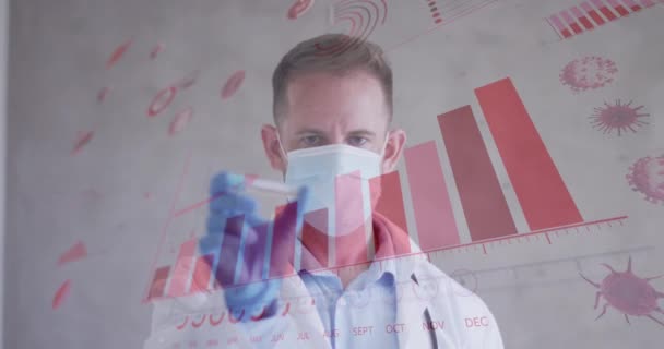 Animation Digital Interface Showing Statistics Masked Male Doctor Holding Vaccine — Stock Video