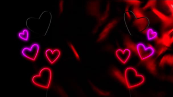 Mor Kırmızı Neon Kalplerin Hareketli Kırmızı Dokuda Siyahta Yanıp Sönmesi — Stok video