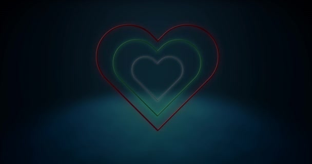 Анімація Червоних Білих Зелених Концентричних Неонових Сердець Блимає Чудово Освітленому — стокове відео