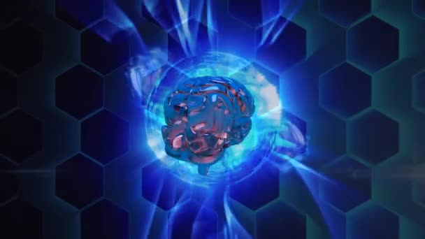 Ψηφιακή Κίνηση Του Ανθρώπινου Εγκεφάλου Που Περιστρέφεται Εξαγωνικά Σχήματα Μπλε — Αρχείο Βίντεο
