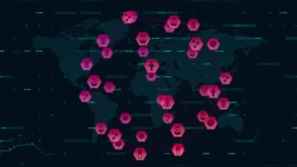 金融データ処理に対する世界地図上で回転するデジタルアイコンの地球のデジタルアニメーション 世界の金融とビジネスの概念 — ストック動画