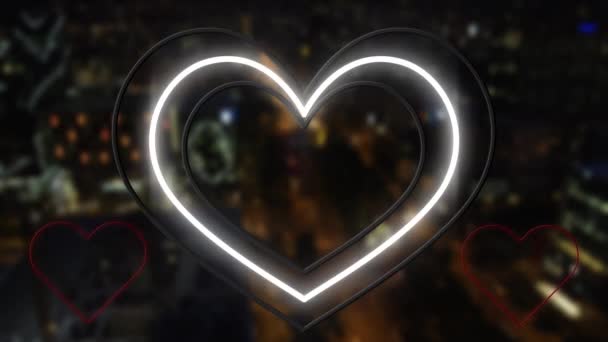 背景のぼやけている黄色の白と赤のネオンの心のアニメーション バレンタインデー愛と恋愛の概念デジタルで生成されたビデオ — ストック動画