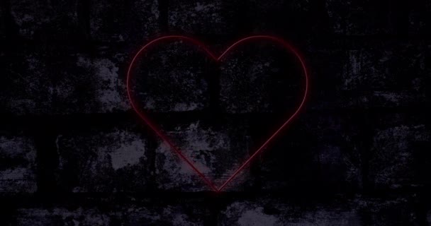 Animatie Van Rood Neon Hart Knipperend Donkere Bakstenen Muur Valentijnsdag — Stockvideo
