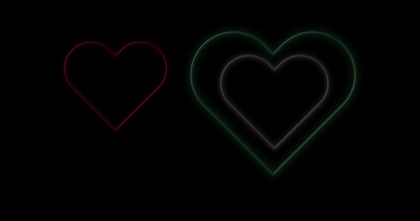 Animatie Van Rood Wit Groene Neon Hartjes Knipperend Zwarte Achtergrond — Stockvideo