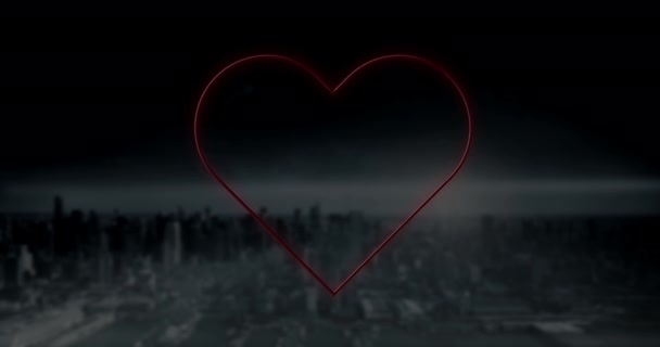 Animación Corazón Neón Rojo Parpadeando Paisaje Urbano Oscuro Día San — Vídeos de Stock