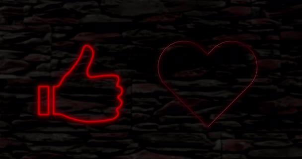 红色霓虹灯大拇指的动画俯瞰着心脏 云彩符号闪烁着黑色背景的光芒 情人节 社交媒体 爱情和浪漫的概念 数码视频 — 图库视频影像