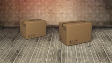 Ahşap zemine düşen iki karton kutunun animasyonu. küresel sevkiyat ve çevrimiçi alışveriş kavramı dijital olarak oluşturulmuş görüntü.