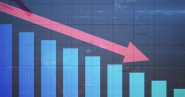 Aşağıdaki kırmızı oklu istatistiklerin animasyonu ve finansal veri işleme. küresel iş ve finans kavramı dijital olarak oluşturulan video.