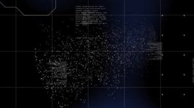 Mavi zemin üzerinde veri işleme karşı dönen DNA yapısının dijital animasyonu. Bilgisayar arayüzü ve tıbbi araştırma teknolojisi kavramı.