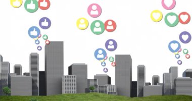 Şehrin üzerinde uçuşan renkli dijital sosyal medya simgelerinin animasyonu. küresel sosyal medya ağı konsepti dijital olarak oluşturulmuş video.