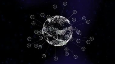 Mavi arkaplanda dönen DNA yapısına karşı bağlantı ağının dijital animasyonu. Bilgisayar arayüzü ve tıbbi araştırma teknolojisi kavramı.