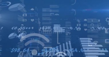 Finansal veri işleme ve mavi arka planda hareket eden dijital simgelerin dijital animasyonu. küresel finans ve iş konsepti