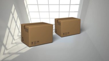 Arka planda tavan penceresi olan beyaz zemine düşen iki karton kutu animasyonu. küresel sevkiyat ve çevrimiçi alışveriş konsepti dijital olarak oluşturulmuş video.