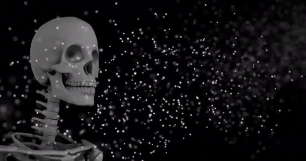 黒の背景にヒトの骨格モデルに対して回転するDna構造のデジタルアニメーション コンピュータ インターフェースと医療研究技術の概念 — ストック動画