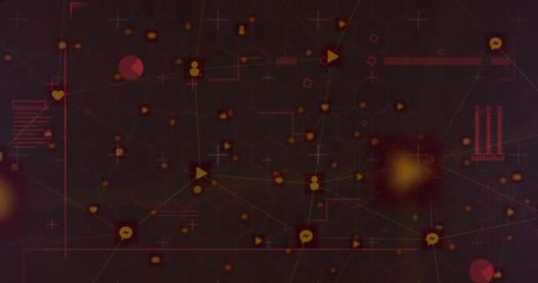 Animatie Van Gegevensverwerking Netwerk Van Verbindingen Met Gloeiende Oranje Pictogrammen — Stockvideo
