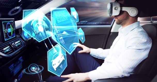 Animation of icons over businessman wearing vr headset in self driving car — Stock Video