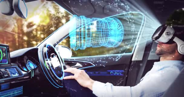 Animacja 3D silnika rysunek nad biznesmenem noszenie zestawu słuchawkowego vr w samojezdnym samochodzie — Wideo stockowe