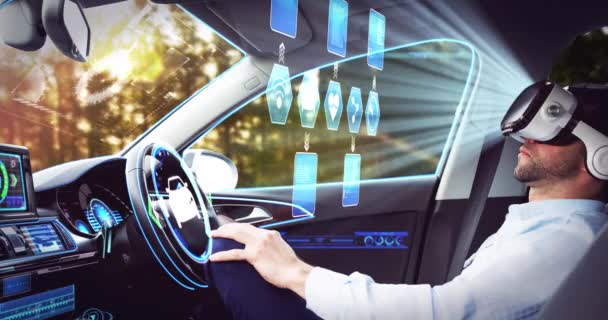 Animação de ícones sobre empresário vestindo vr fone de ouvido em auto condução carro — Vídeo de Stock