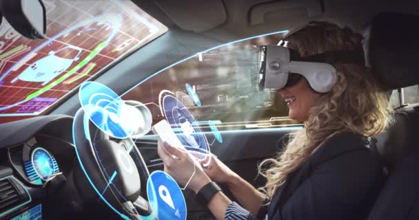Animation Digital Icons Woman Wearing Headset Self Driving Car Global — Stock Video