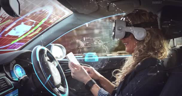 Animation Car Drawing Woman Wearing Headset Self Driving Car Global — Stock Video