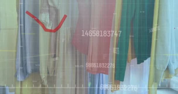 Animation Numbers Changing Red Line Processing Rail Hanging Clothes Shop — Stock Video