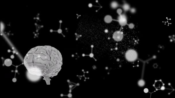 人間の脳やDna構造に対して浮遊する化学構造のデジタルアニメーションが黒い背景で回転しています コンピュータ インターフェースと医療研究技術の概念 — ストック動画
