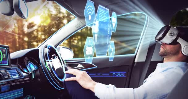 Animação de ícones sobre empresário vestindo vr fone de ouvido em auto condução carro — Vídeo de Stock