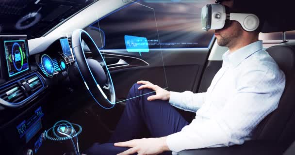 Animation of speech bubbles over businessman wearing vr headset in self driving car — Stock Video