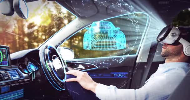 Animación del dibujo del coche 3d sobre el hombre de negocios con auriculares vr en coche de conducción autónoma — Vídeos de Stock