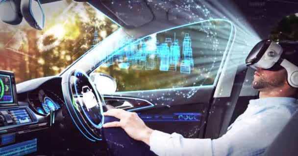 Animacja 3d krajobraz miasta rysunek nad biznesmenem noszenie VR zestaw słuchawkowy w samojezdnym samochodzie — Wideo stockowe