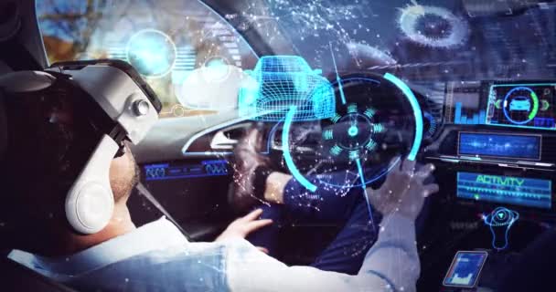 Animazione di auto 3d disegno sopra uomo d'affari che indossa auricolare vr in auto guida autonoma — Video Stock