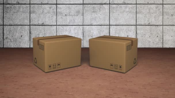 背景にグレーのタイルで茶色の床に落ちる2枚の段ボール箱のアニメーション グローバル配送とオンラインショッピングのコンセプトデジタルで生成された画像 — ストック動画