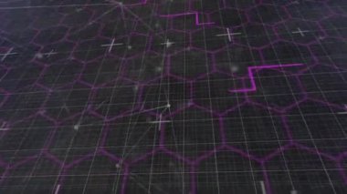 Arka plandaki ızgara üzerinden altıgenlerle bağlantı ağının animasyonu. Dijital arayüz küresel bağlantı ve dijital olarak oluşturulan iletişim konsepti.