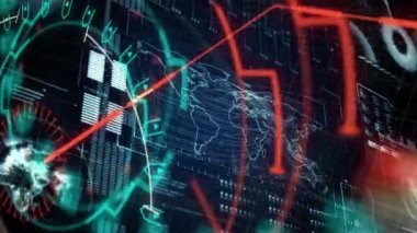 Arkaplanda dünya haritası olan tarama ve veri işleme animasyonları. Dijital arayüz küresel bağlantı ve dijital olarak oluşturulan iletişim konsepti.